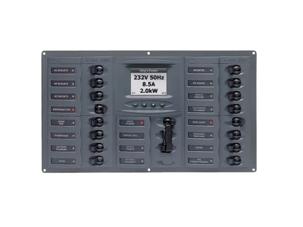 BEP AC Circuit Breaker Panel w/Digital Meters, 16SP 2DP AC120V ACSM Stainless Steel Horizontal